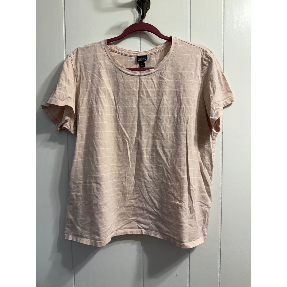 Patagonia Womens XL Organic Cotton Striped Short Sleeve T-Shirt Peach Pink White